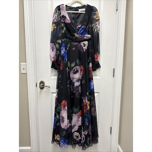 Mac Duggal Size 6 Black Floral 67872 Chiffon Long Sleeve Evening Gown Dress $598 - Picture 7 of 16
